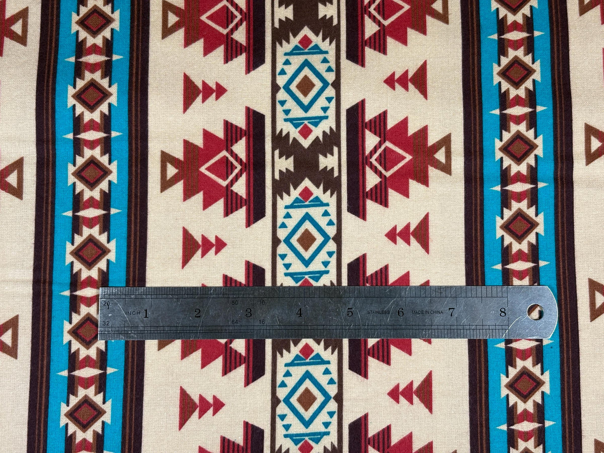 Cream, Turquoise, Cinnamon Red Southwest Flannel Fabric, Woven Ikat Cotton, Home Décor Apparel