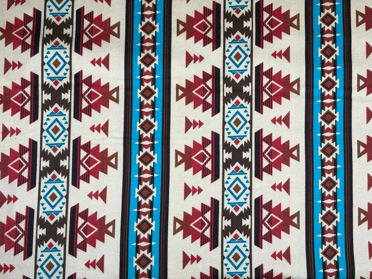 Cream, Turquoise, Cinnamon Red Southwest Flannel Fabric, Woven Ikat Cotton, Home Décor Apparel
