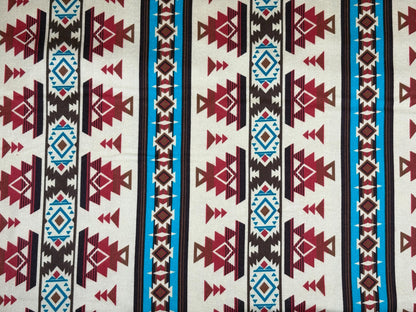 Cream, Turquoise, Cinnamon Red Southwest Flannel Fabric, Woven Ikat Cotton, Home Décor Apparel