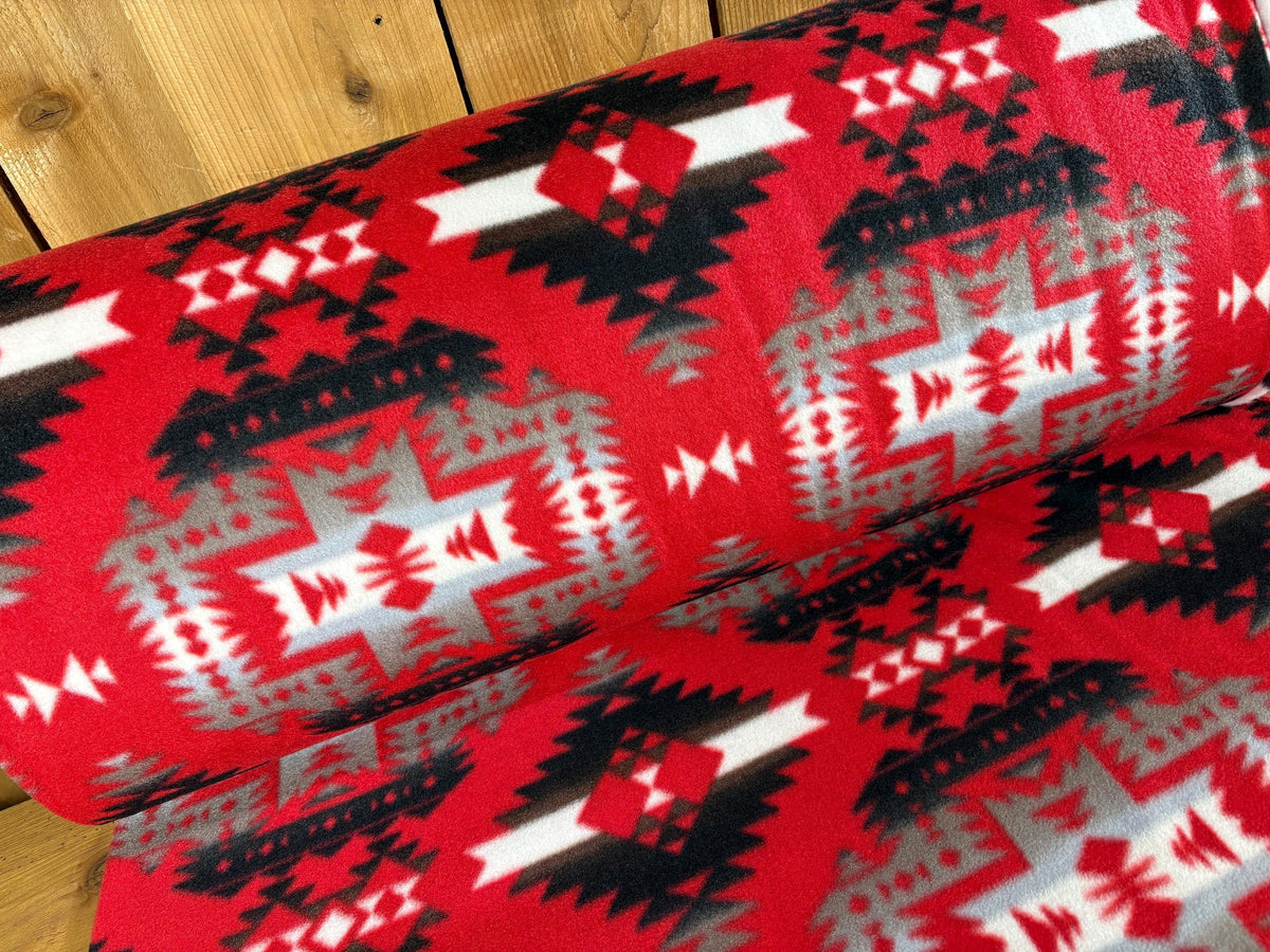 Red Black Southwest Ikat Winterfleece Fabric, 100% Polyester 58/60", Home Décor, Apparel