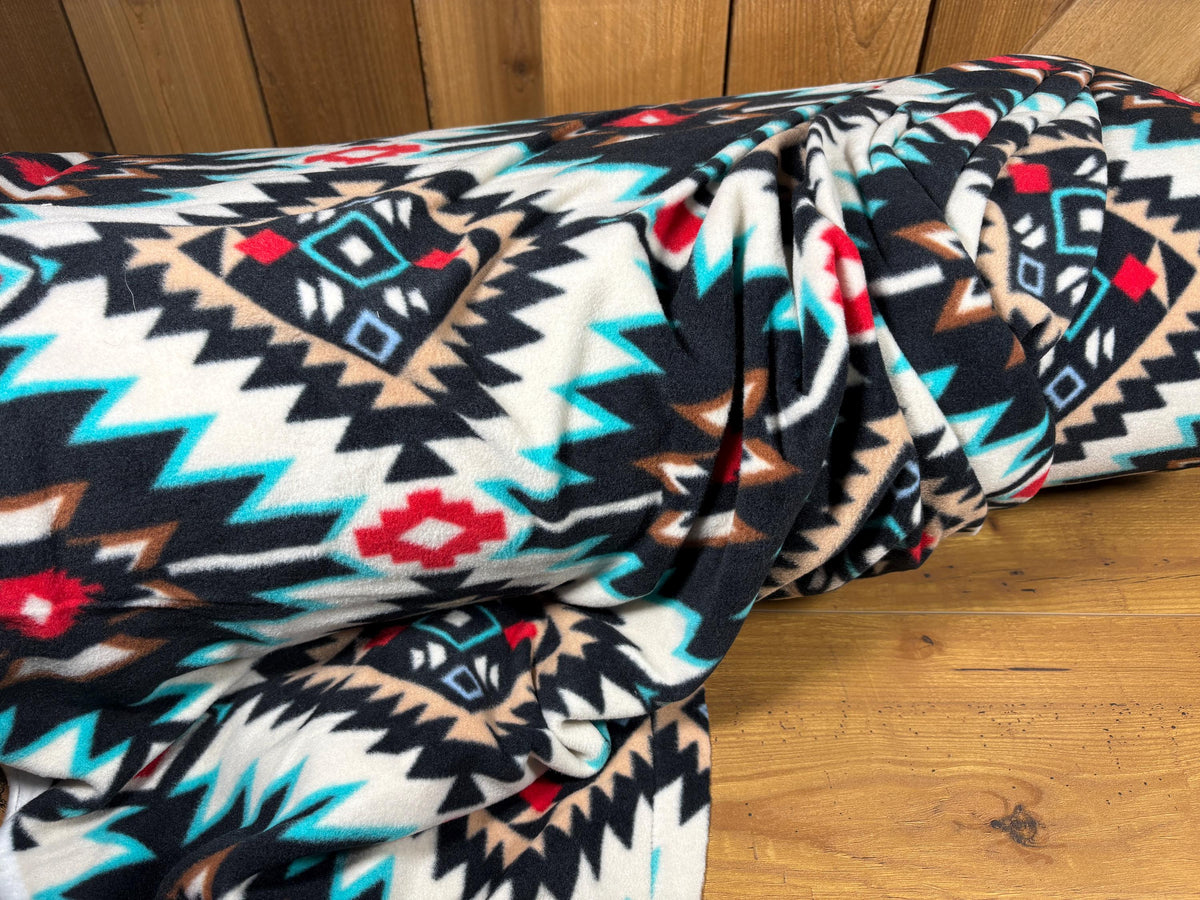 Southwest Ikat Fleece Fabric, Black White Turquoise Red, Home Décor Apparel