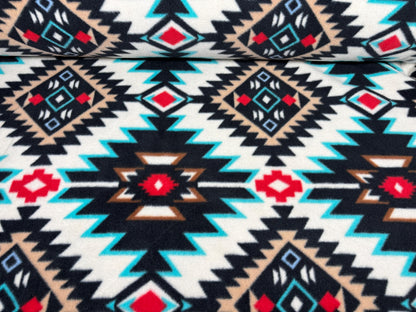 Southwest Ikat Fleece Fabric, Black White Turquoise Red, Home Décor Apparel