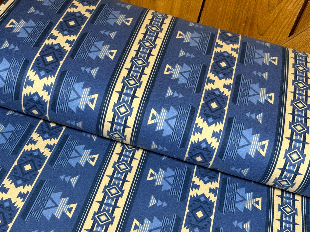 Blue Southwest Flannel Fabric, Woven Ikat Cotton, Home Décor Apparel