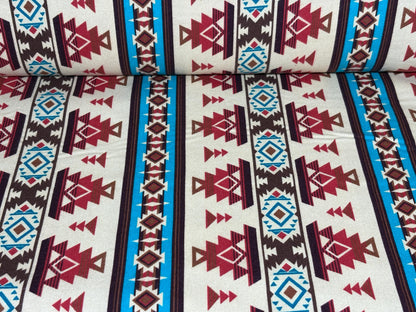 Cream, Turquoise, Cinnamon Red Southwest Flannel Fabric, Woven Ikat Cotton, Home Décor Apparel