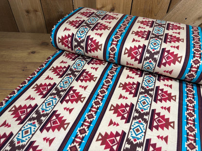Cream, Turquoise, Cinnamon Red Southwest Flannel Fabric, Woven Ikat Cotton, Home Décor Apparel