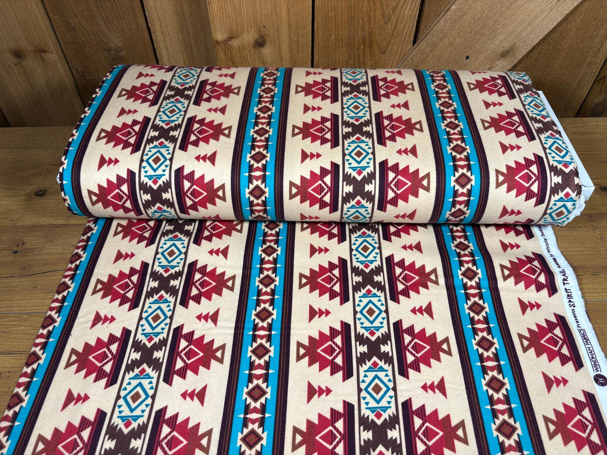 Cream, Turquoise, Cinnamon Red Southwest Flannel Fabric, Woven Ikat Cotton, Home Décor Apparel