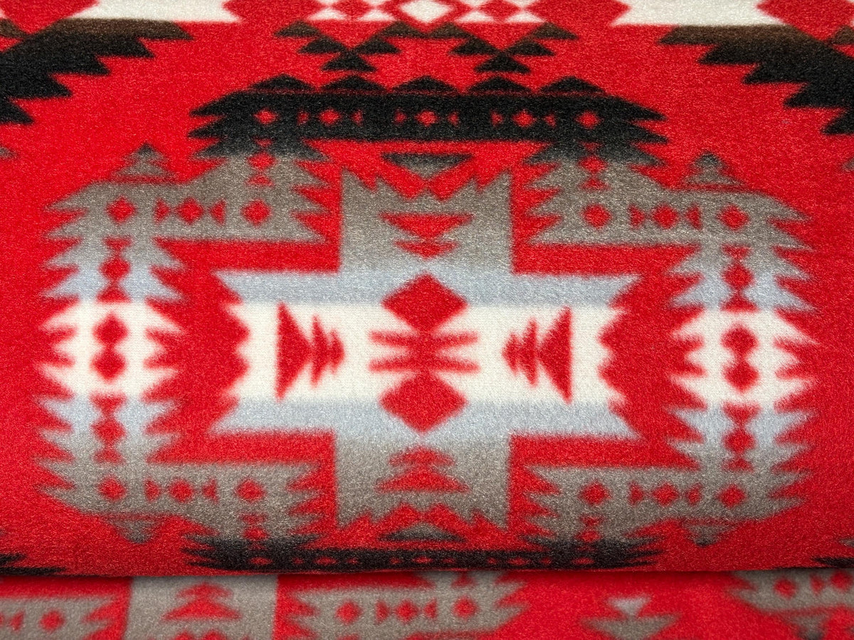 Red Black Southwest Ikat Winterfleece Fabric, 100% Polyester 58/60", Home Décor, Apparel