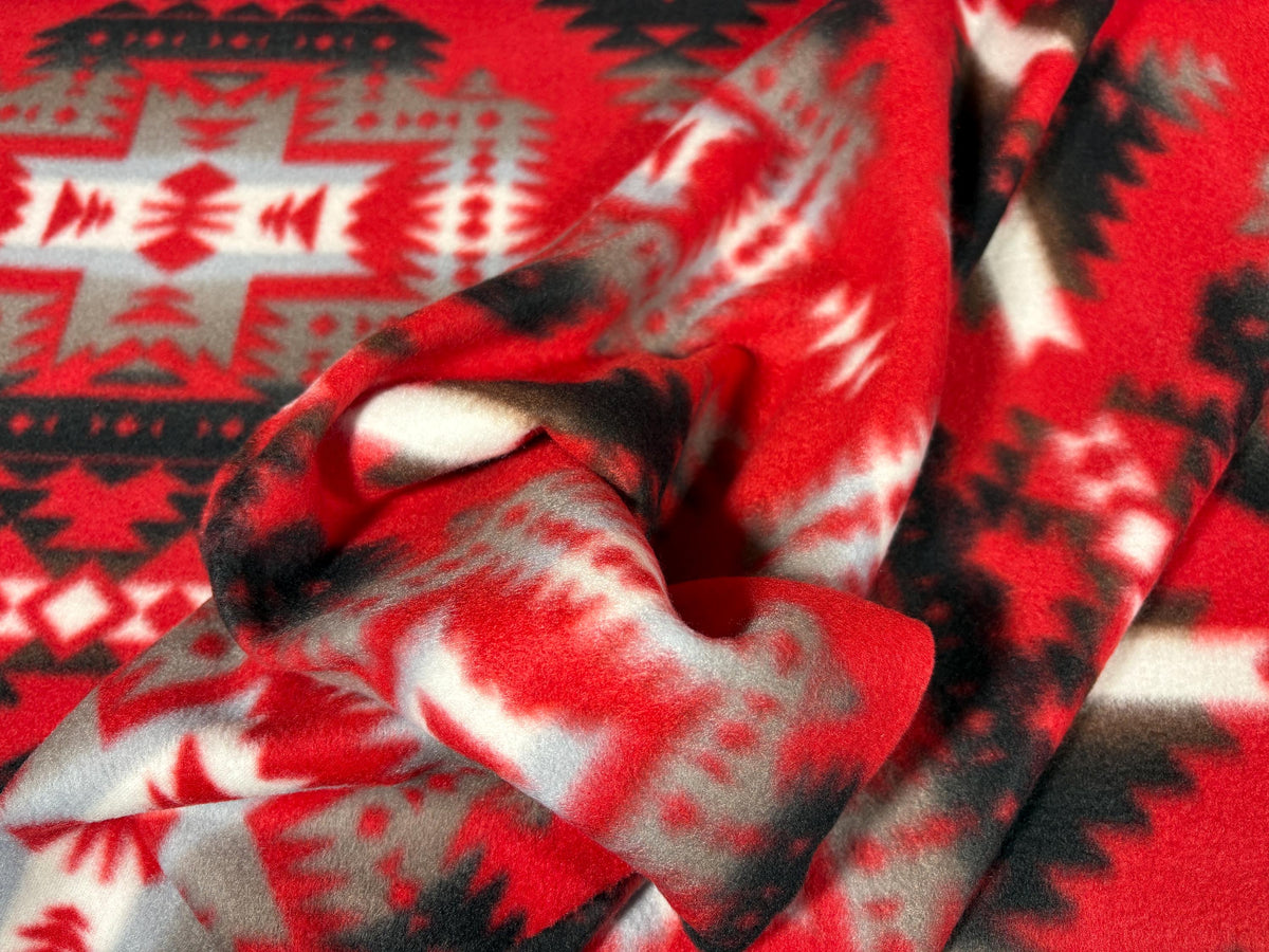 Red Black Southwest Ikat Winterfleece Fabric, 100% Polyester 58/60", Home Décor, Apparel