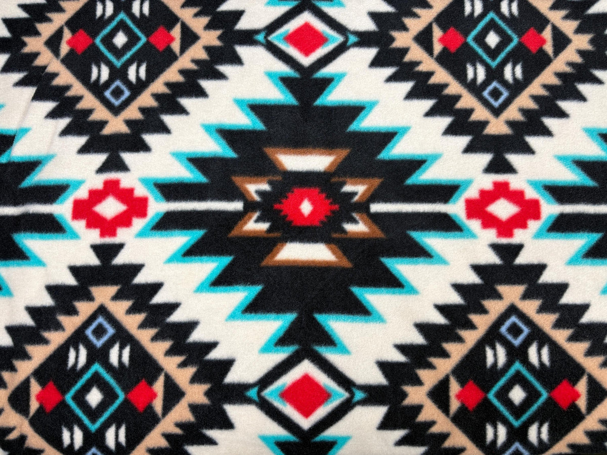 Southwest Ikat Fleece Fabric, Black White Turquoise Red, Home Décor Apparel