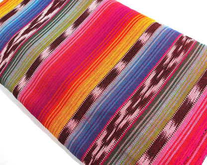 Guatemalan Handwoven Fabric by Yard, Rainbow & Maroon Ikat Striped, Medium Weight Cotton Textile