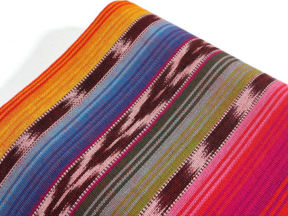 Guatemalan Handwoven Fabric by Yard, Rainbow & Maroon Ikat Striped, Medium Weight Cotton Textile