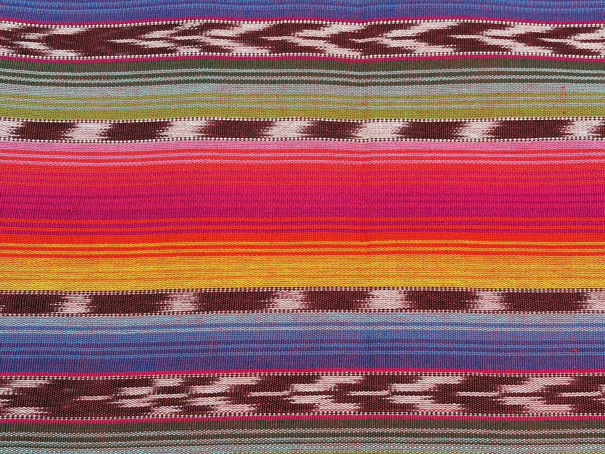 Guatemalan Handwoven Fabric by Yard, Rainbow & Maroon Ikat Striped, Medium Weight Cotton Textile