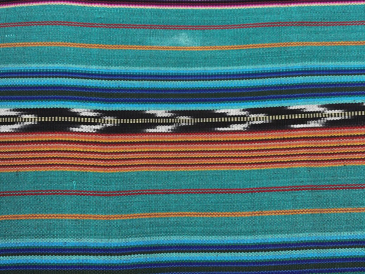 Teal & Gold Ikat Striped Guatemalan Fabric by Yard, Handwoven Cotton Mayan Textile, 36" Wide.