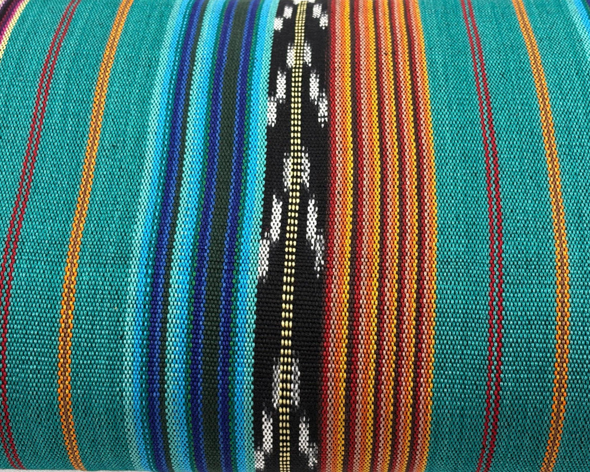Teal & Gold Ikat Striped Guatemalan Fabric by Yard, Handwoven Cotton Mayan Textile, 36" Wide.
