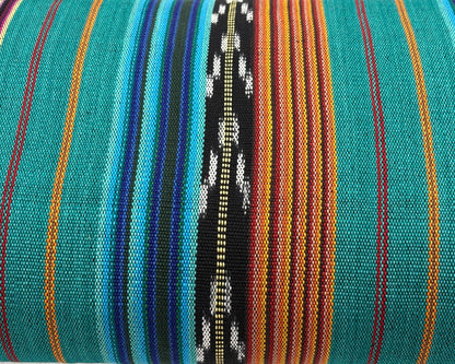 Teal & Gold Ikat Striped Guatemalan Fabric by Yard, Handwoven Cotton Mayan Textile, 36" Wide.