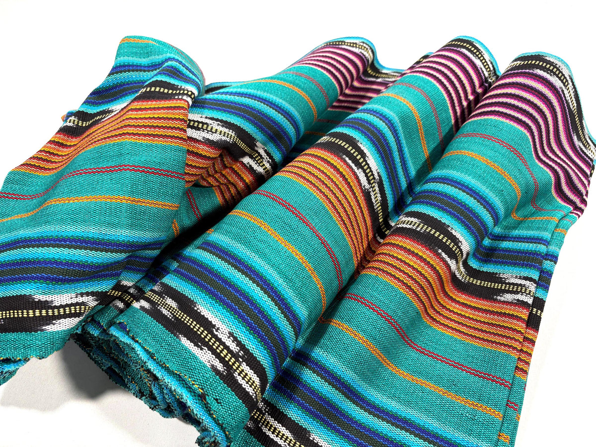 Teal & Gold Ikat Striped Guatemalan Fabric by Yard, Handwoven Cotton Mayan Textile, 36" Wide.