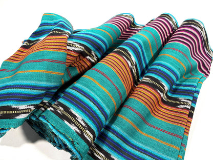 Teal & Gold Ikat Striped Guatemalan Fabric by Yard, Handwoven Cotton Mayan Textile, 36" Wide.
