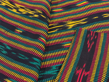 Guatemalan Handwoven Fabric by Yard, Fancy Rasta Red Yellow Green Black Ikat, Cotton 36" Wide