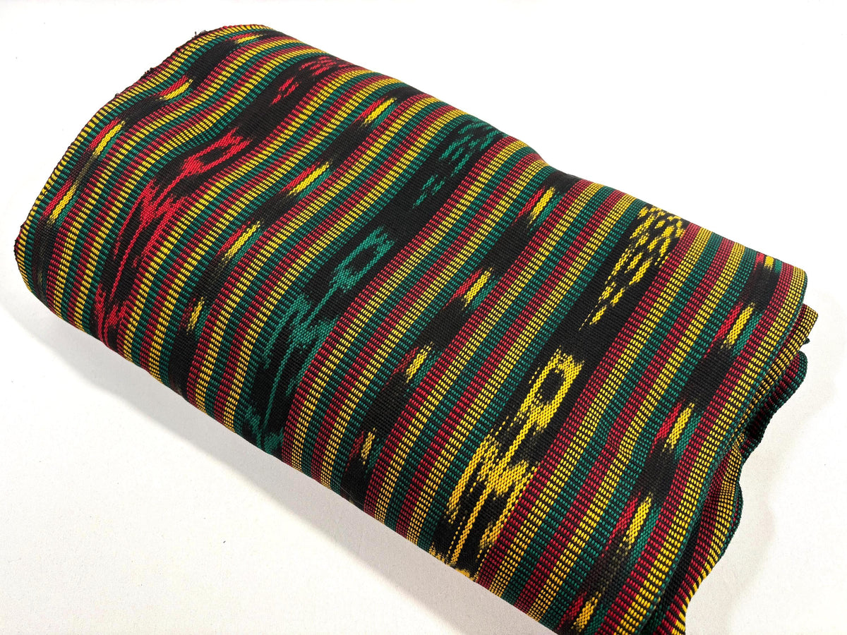 Guatemalan Handwoven Fabric by Yard, Fancy Rasta Red Yellow Green Black Ikat, Cotton 36" Wide