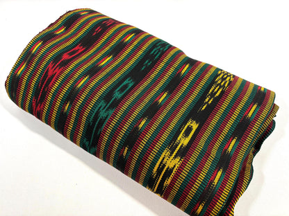 Guatemalan Handwoven Fabric by Yard, Fancy Rasta Red Yellow Green Black Ikat, Cotton 36" Wide