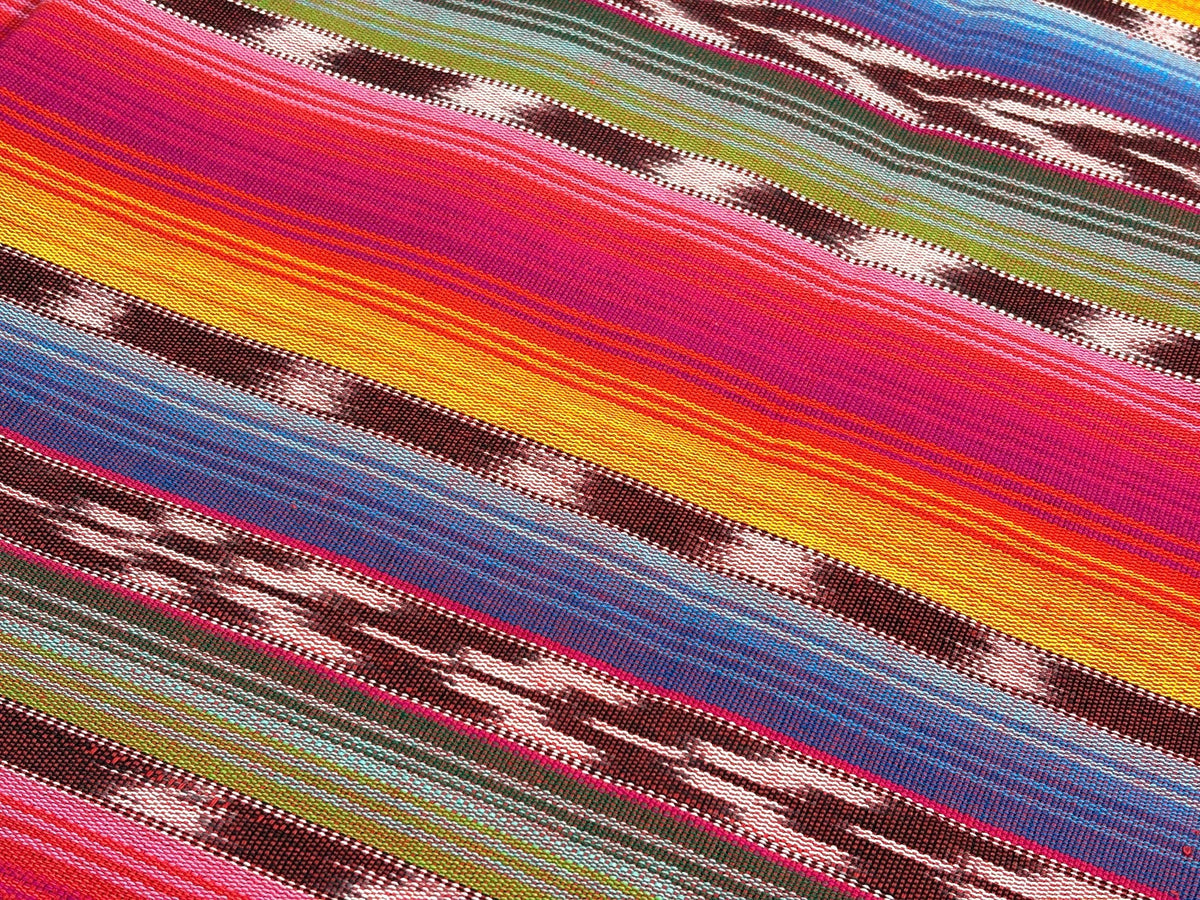 Guatemalan Handwoven Fabric by Yard, Rainbow & Maroon Ikat Striped, Medium Weight Cotton Textile