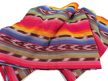 Guatemalan Handwoven Fabric by Yard, Rainbow & Maroon Ikat Striped, Medium Weight Cotton Textile