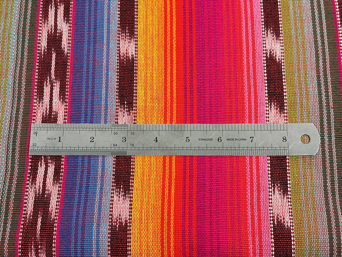 Guatemalan Handwoven Fabric by Yard, Rainbow & Maroon Ikat Striped, Medium Weight Cotton Textile