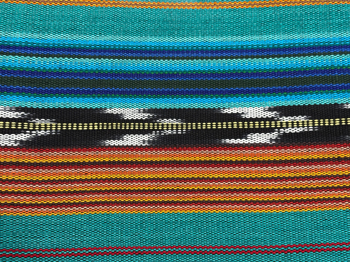 Teal & Gold Ikat Striped Guatemalan Fabric by Yard, Handwoven Cotton Mayan Textile, 36" Wide.