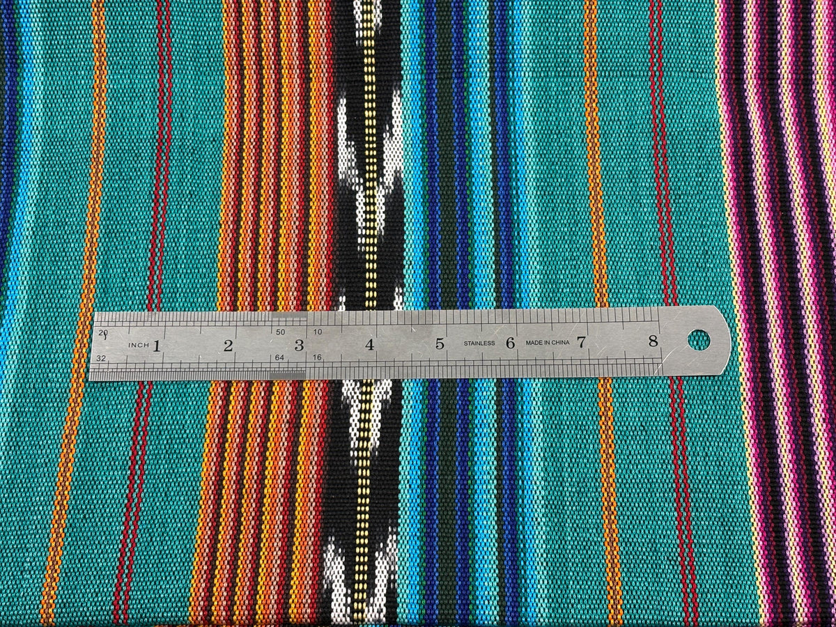 Teal & Gold Ikat Striped Guatemalan Fabric by Yard, Handwoven Cotton Mayan Textile, 36" Wide.