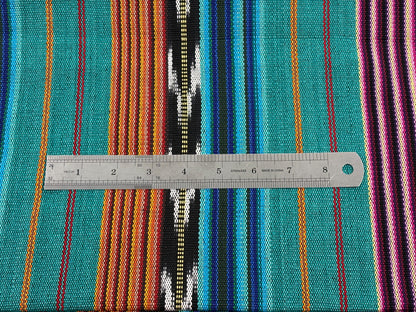 Teal & Gold Ikat Striped Guatemalan Fabric by Yard, Handwoven Cotton Mayan Textile, 36" Wide.