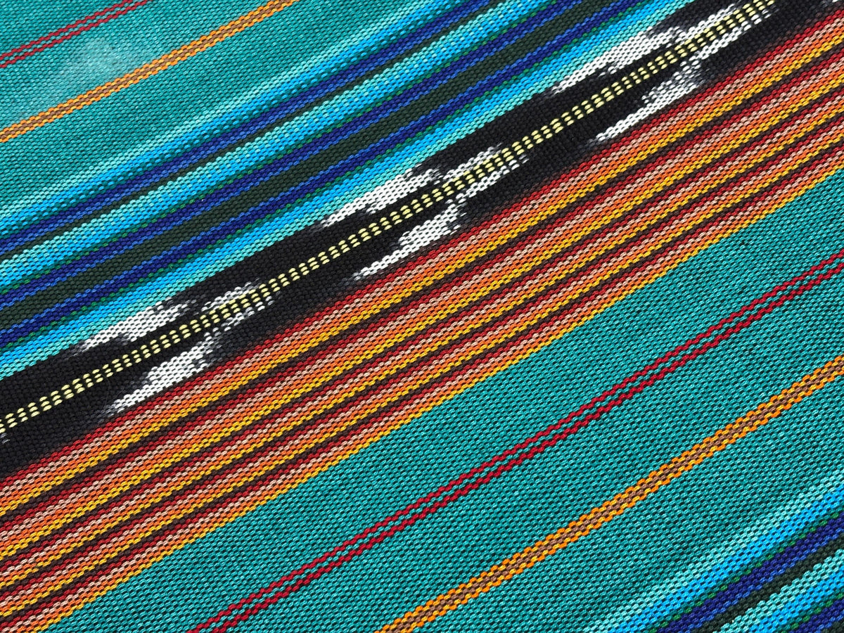 Teal & Gold Ikat Striped Guatemalan Fabric by Yard, Handwoven Cotton Mayan Textile, 36" Wide.