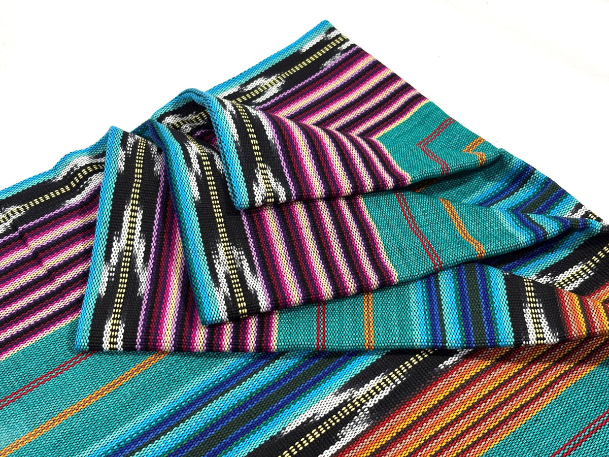 Teal & Gold Ikat Striped Guatemalan Fabric by Yard, Handwoven Cotton Mayan Textile, 36" Wide.