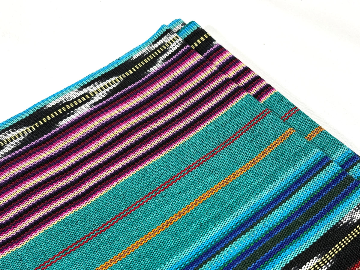 Teal & Gold Ikat Striped Guatemalan Fabric by Yard, Handwoven Cotton Mayan Textile, 36" Wide.