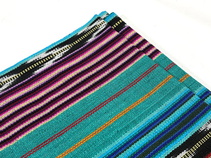 Teal & Gold Ikat Striped Guatemalan Fabric by Yard, Handwoven Cotton Mayan Textile, 36" Wide.