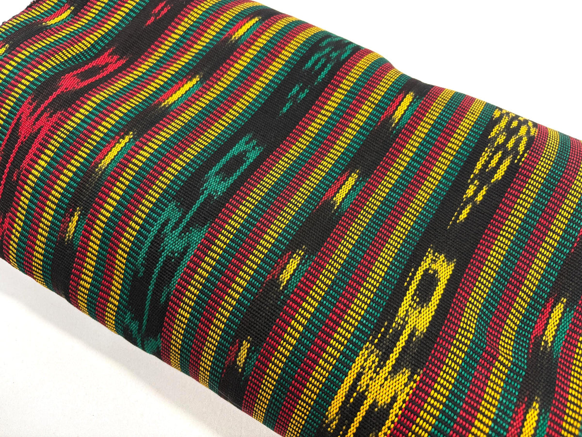 Guatemalan Handwoven Fabric by Yard, Fancy Rasta Red Yellow Green Black Ikat, Cotton 36" Wide