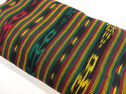 Guatemalan Handwoven Fabric by Yard, Fancy Rasta Red Yellow Green Black Ikat, Cotton 36" Wide