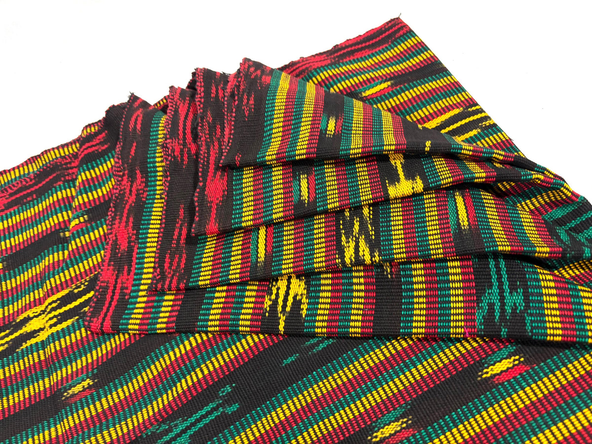 Guatemalan Handwoven Fabric by Yard, Fancy Rasta Red Yellow Green Black Ikat, Cotton 36" Wide