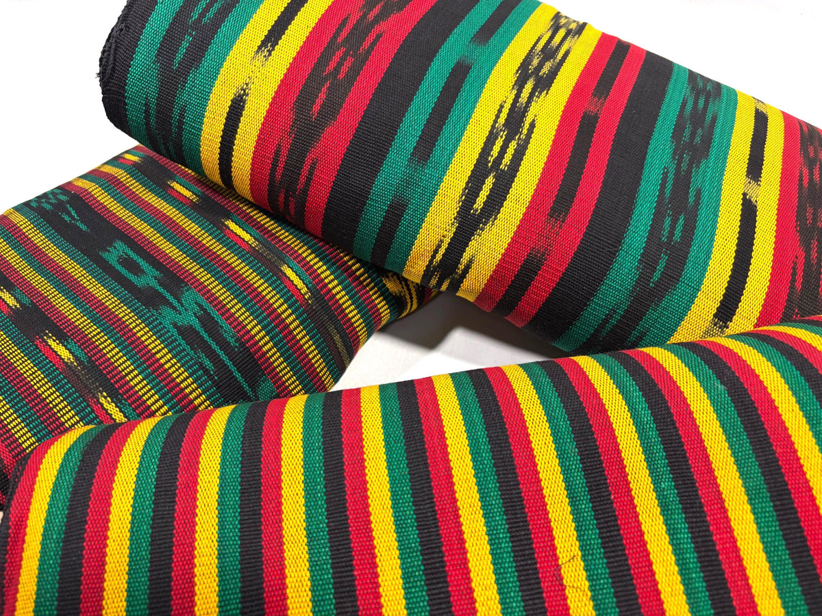 Guatemalan Fabric by the YARD. Rasta Color Ikat Stripes Red/Yellow/Green/Black. 100% Cotton Fair Trade Mayan Fabric for Home Decor, Apparel