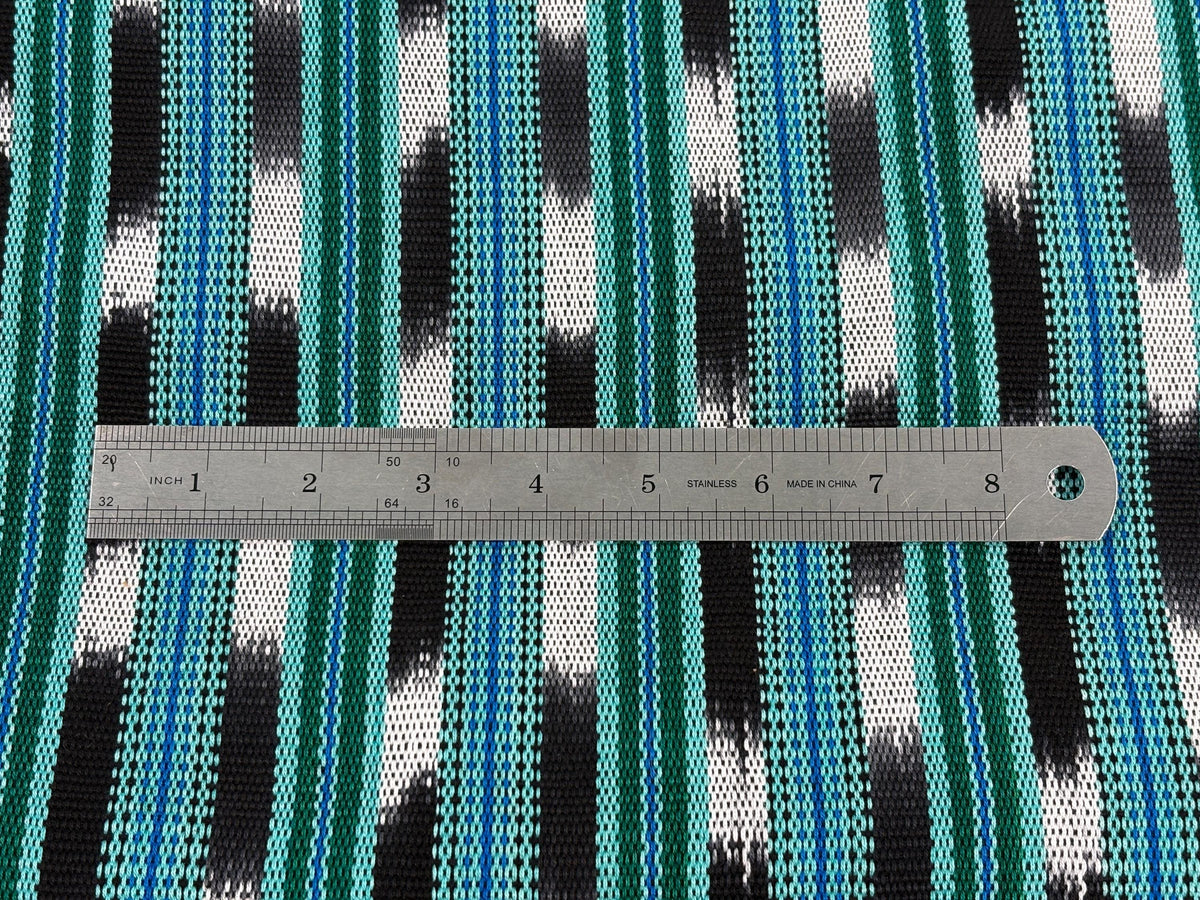 Mint Green, Black & White Ikat Striped Guatemalan Fabric by the YARD. Handwoven Mayan Cotton