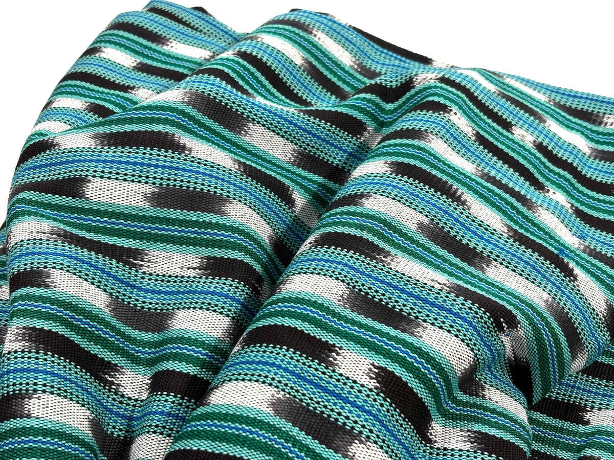 Mint Green, Black & White Ikat Striped Guatemalan Fabric by the YARD. Handwoven Mayan Cotton