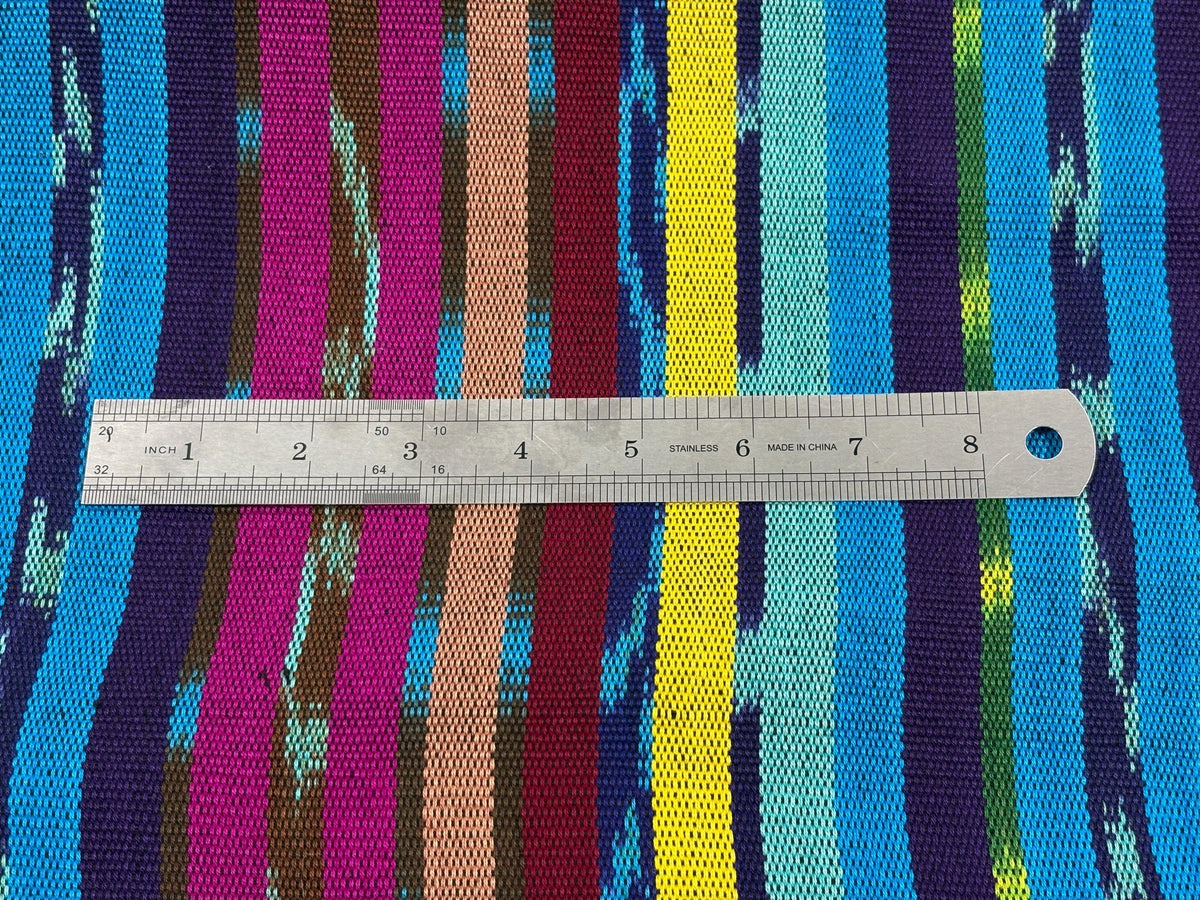 Turquoise & Grape Ikat Striped Guatemalan Fabric by Yard, Handwoven Cotton Mayan Textile, 36" Wide.