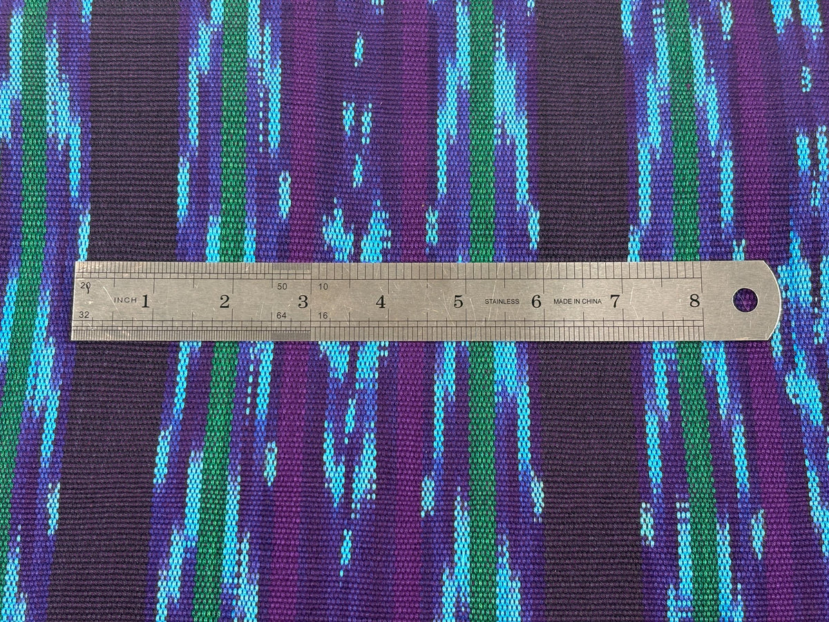Turquoise & Deep Purple Ikat Striped Guatemalan Fabric by Yard, Handwoven Cotton Mayan Textile, 36".