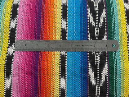 Bright Rainbow & Black, White Ikat Guatemalan Fabric by Yard, Handwoven Cotton, 36" Wide.