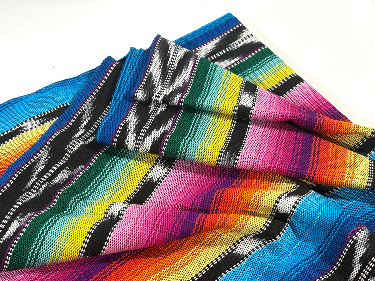 Bright Rainbow & Black, White Ikat Guatemalan Fabric by Yard, Handwoven Cotton, 36" Wide.