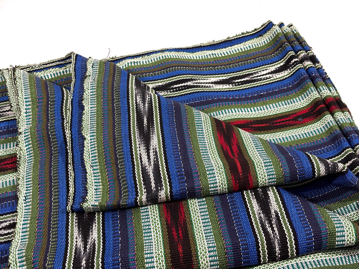 Blue, Green, Red Ikat Guatemalan Fabric by Yard, Handwoven Mayan Cotton Textile, 36" Wide.