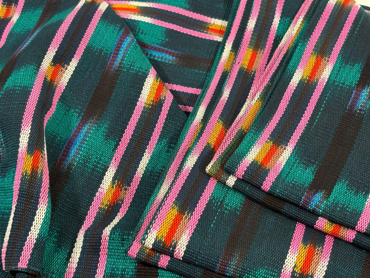 Dark Teal Green and Pink Ikat Guatemalan Fabric by Yard, Handwoven Cotton , 36" Wide.