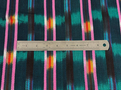 Dark Teal Green and Pink Ikat Guatemalan Fabric by Yard, Handwoven Cotton , 36" Wide.