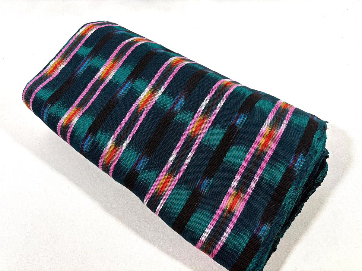 Dark Teal Green and Pink Ikat Guatemalan Fabric by Yard, Handwoven Cotton , 36" Wide.