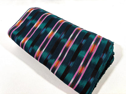 Dark Teal Green and Pink Ikat Guatemalan Fabric by Yard, Handwoven Cotton , 36" Wide.