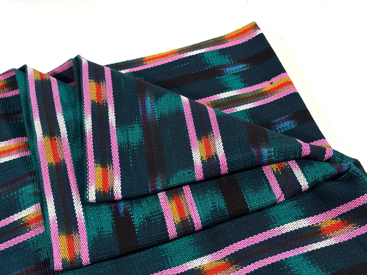 Dark Teal Green and Pink Ikat Guatemalan Fabric by Yard, Handwoven Cotton , 36" Wide.